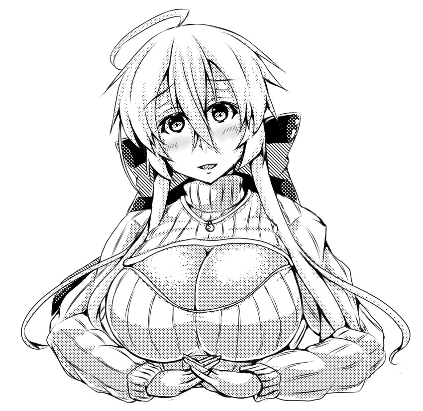 1girl ahoge blush breasts cleavage cleavage_cutout highres large_breasts long_hair looking_at_viewer misakana monochrome open-chest_sweater ponytail ribbed_sweater solo sweater turtleneck very_long_hair vocaloid voyakiloid yowane_haku