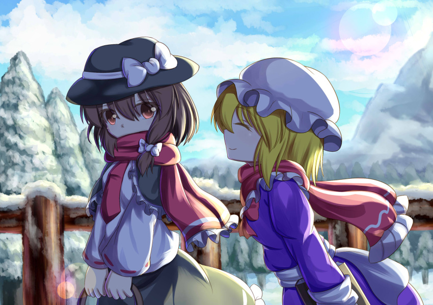 2girls ^_^ backlighting basket black_skirt blonde_hair blue_sky blush book bow bowtie brown_hair capelet carrying closed_eyes clouds covered_mouth day dior-zi dress fedora fence fir_tree frilled_hat hair_between_eyes hair_bow hair_over_shoulder hat hat_bow highres holding holding_book lens_flare long_sleeves looking_at_another looking_back maribel_hearn mob_cap mountain multiple_girls necktie orange_eyes outdoors purple_dress red_bow red_bowtie red_eyes red_necktie red_scarf ribbon-trimmed_sleeves ribbon_trim sash scarf shirt short_hair skirt sky smile snow sunlight touhou usami_renko white_bow white_shirt