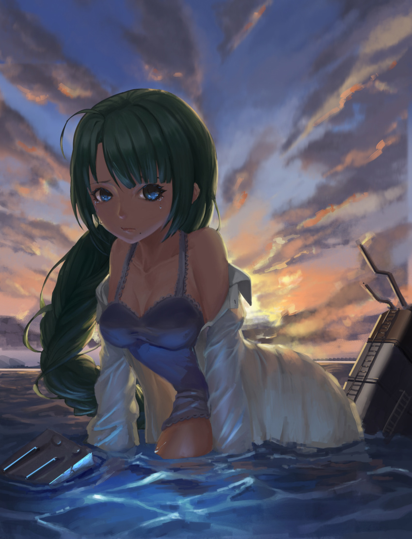 1girl ahoge blue_eyes breasts cleavage clouds crying dress_shirt green_hair highres kantai_collection kira3430 lingerie mole mole_under_mouth open_clothes open_shirt rigging shirt solo sunset underwear wading wet yuugumo_(kantai_collection)
