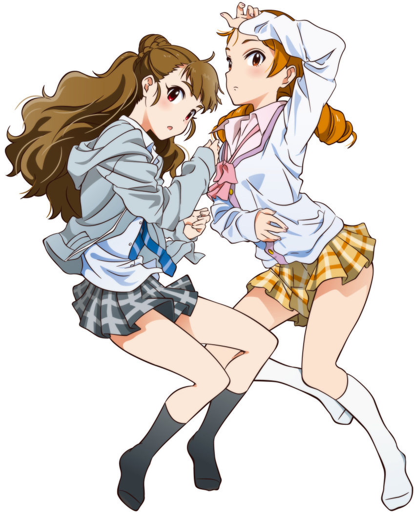 2girls absurdres akizuki_ritchan brown_eyes brown_hair eyebrows highres houjou_karen idolmaster idolmaster_cinderella_girls kamiya_nao long_hair looking_at_viewer multiple_girls red_eyes school_uniform vector_trace