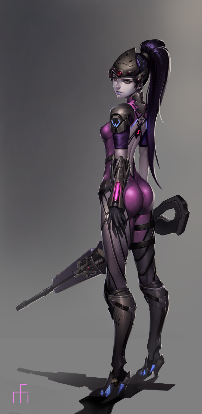 1girl absurdres arms_at_sides ass back black_gloves blue_lips bodysuit boots breasts gloves glowing gradient gradient_background grey_background headgear high_heels highres holding_weapon legs_apart long_hair midfinger22 overwatch ponytail purple_hair purple_skin shadow signature solo standing thigh_strap very_long_hair visor weapon widowmaker_(overwatch) yellow_eyes