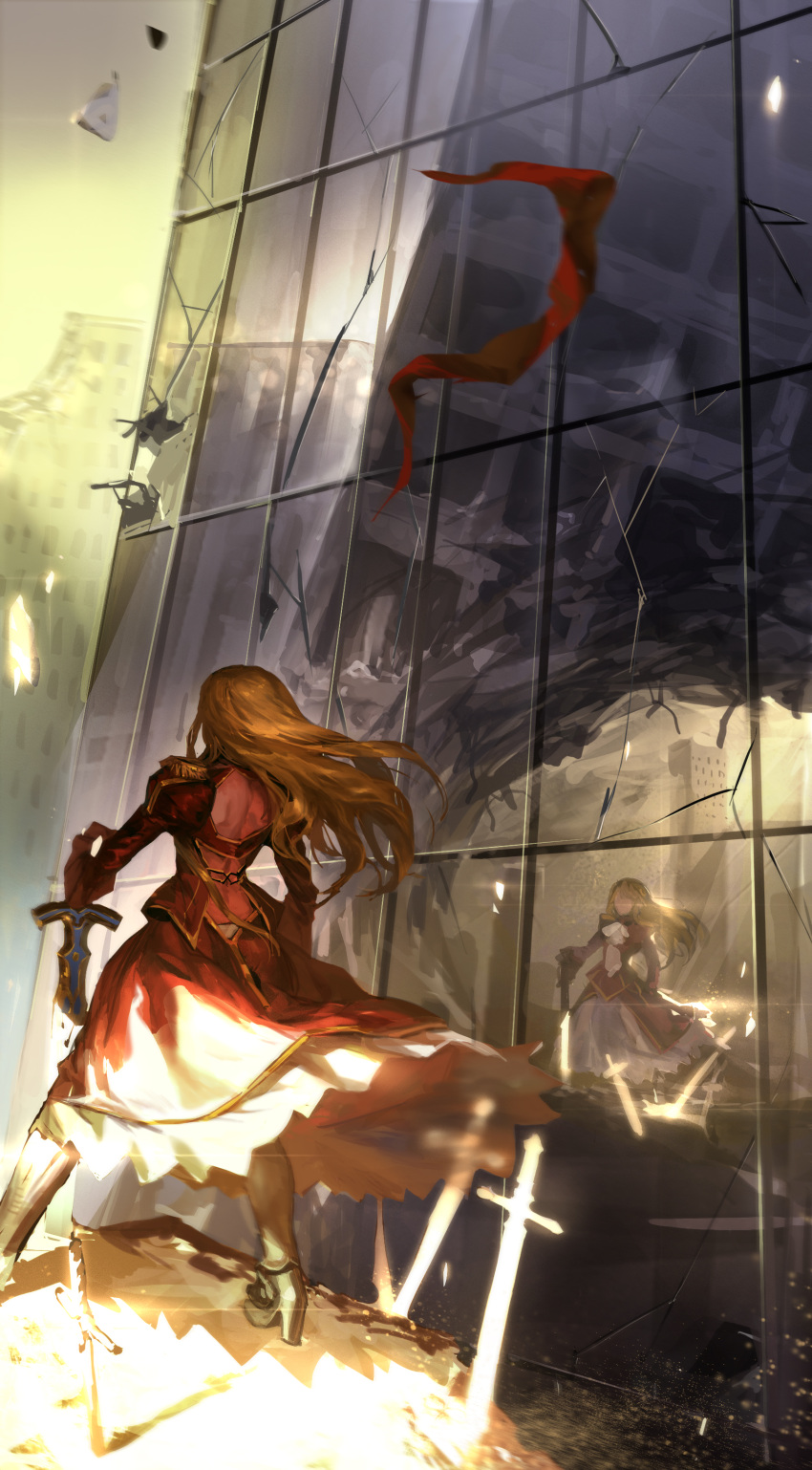 1girl absurdres back black_boots blonde_hair boots broken broken_glass broken_sword broken_weapon building daible dress epaulettes faceless falling fate/extra fate_(series) glass glasses hair_down high_heel_boots high_heels highres holding_sword holding_weapon long_hair long_sleeves motion_blur outdoors planted_sword planted_weapon red_dress red_ribbon reflection ribbon ruins saber_extra solo standing sunlight sword weapon wind