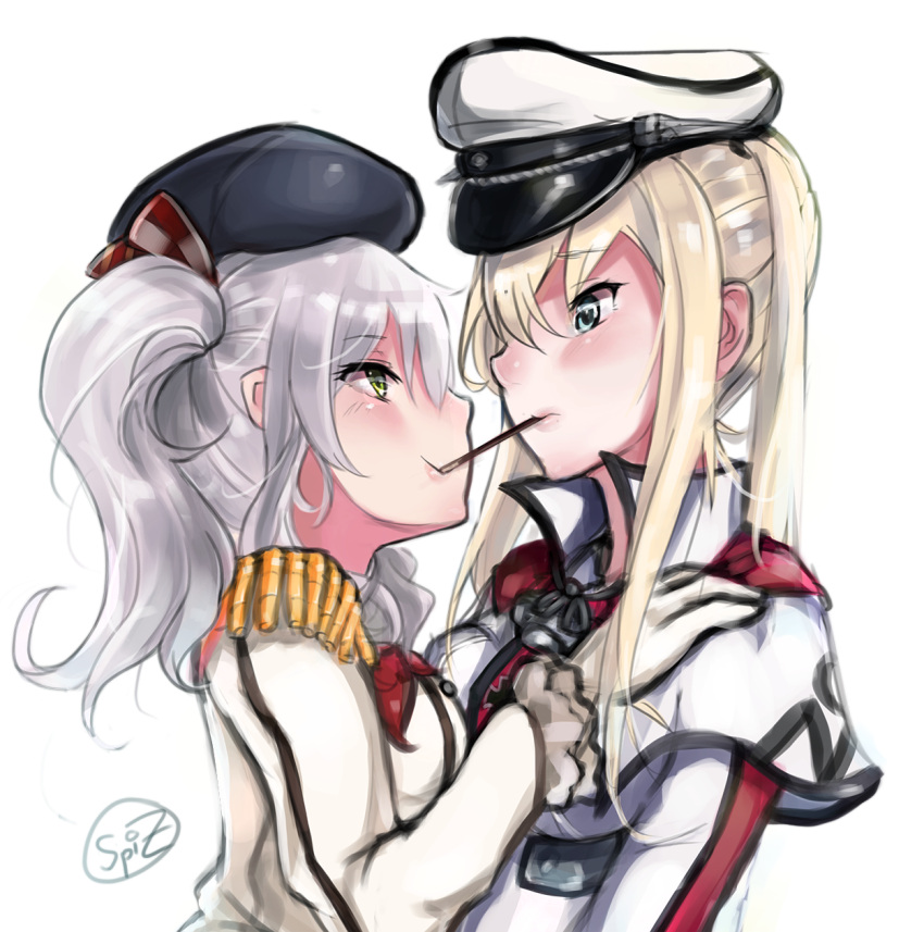 2girls blonde_hair blue_eyes blush capelet embarrassed epaulettes from_side gloves graf_zeppelin_(kantai_collection) green_eyes hair_between_eyes hands_on_another's_shoulders hat highres implied_yuri kantai_collection kashima_(kantai_collection) long_hair looking_at_another military military_uniform multiple_girls peaked_cap pocky pocky_day sidelocks silver_hair spiz twintails uniform wavy_hair white_gloves