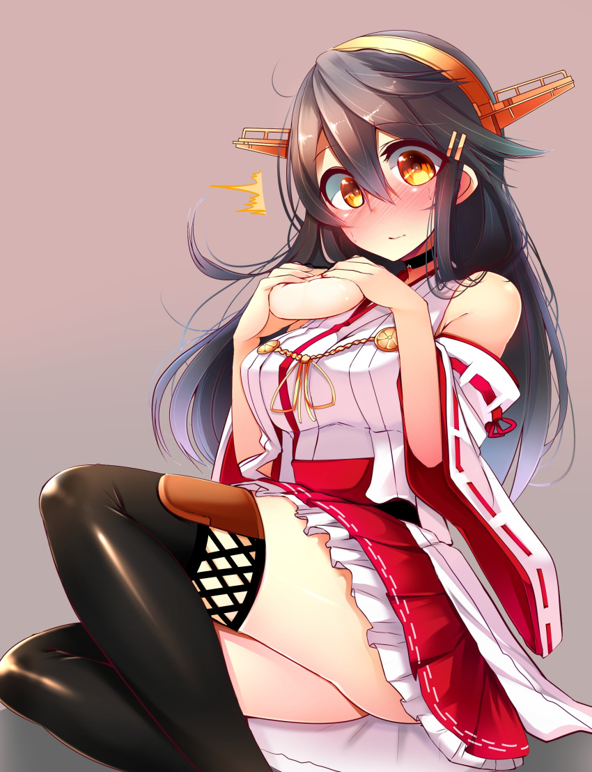 /\/\/\ 1girl absurdres baozi bare_shoulders black_hair blush boots breasts choker detached_sleeves food hair_ornament hairband hairclip haruna_(kantai_collection) highres japanese_clothes kantai_collection large_breasts long_hair looking_at_viewer nontraditional_miko ribbon-trimmed_sleeves ribbon_trim simple_background skirt solo thigh-highs thigh_boots tsukui_kachou