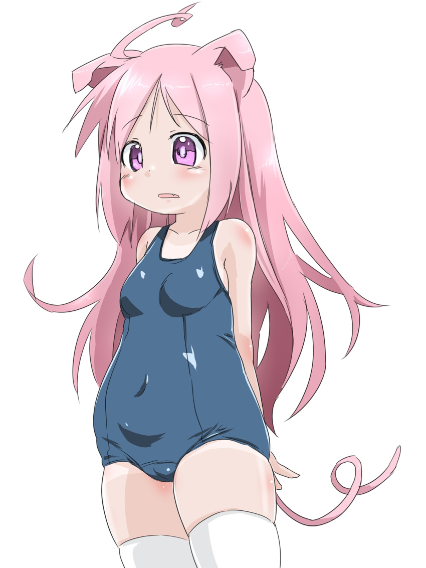 1girl ahoge animal_ears arms_behind_back fang highres long_hair one-piece_swimsuit open_mouth original pig_ears pig_girl pink_eyes pink_hair plump saezuru_usagi school_swimsuit solo swimsuit tail thigh-highs white_background white_legwear