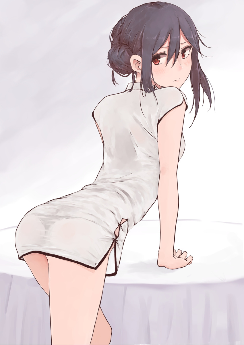 1girl arched_back arm_support ass black_hair brown_eyes china_dress chinese_clothes cowboy_shot dress hair_bun highres leaning leaning_forward looking_back original rucchiifu short_dress side_slit simple_background solo table tablecloth thighs