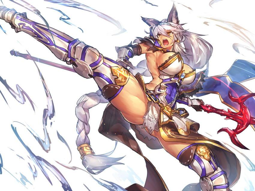 1girl abs animal_ears armored_boots boots braid breasts brown_eyes commentary_request covered_navel gauntlets granblue_fantasy heles holding_weapon kicking large_breasts long_hair metal_boots open_mouth polearm sideboob silver_hair solo teeth temmasa22 thigh-highs thigh_boots thighs trident very_long_hair weapon wolf_ears