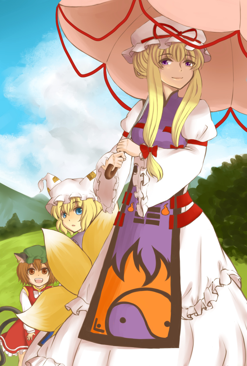 3girls animal_ears bangs blonde_hair blue_eyes blue_sky bow breasts brown_eyes brown_hair cat_ears cat_tail chen clouds dress earrings flame_print forest fox_tail frilled_dress frilled_sleeves frills grass green_hat hair_between_eyes hair_bow hair_up hat hat_ribbon highres hill jewelry kurano long_sleeves mob_cap mountain multiple_girls multiple_tails nature open_mouth parted_lips pillow_hat red_dress ribbon ribbon_trim short_hair sidelocks sky smile tabard tail teeth tongue touhou tree umbrella violet_eyes white_dress yakumo_ran yakumo_yukari yin_yang