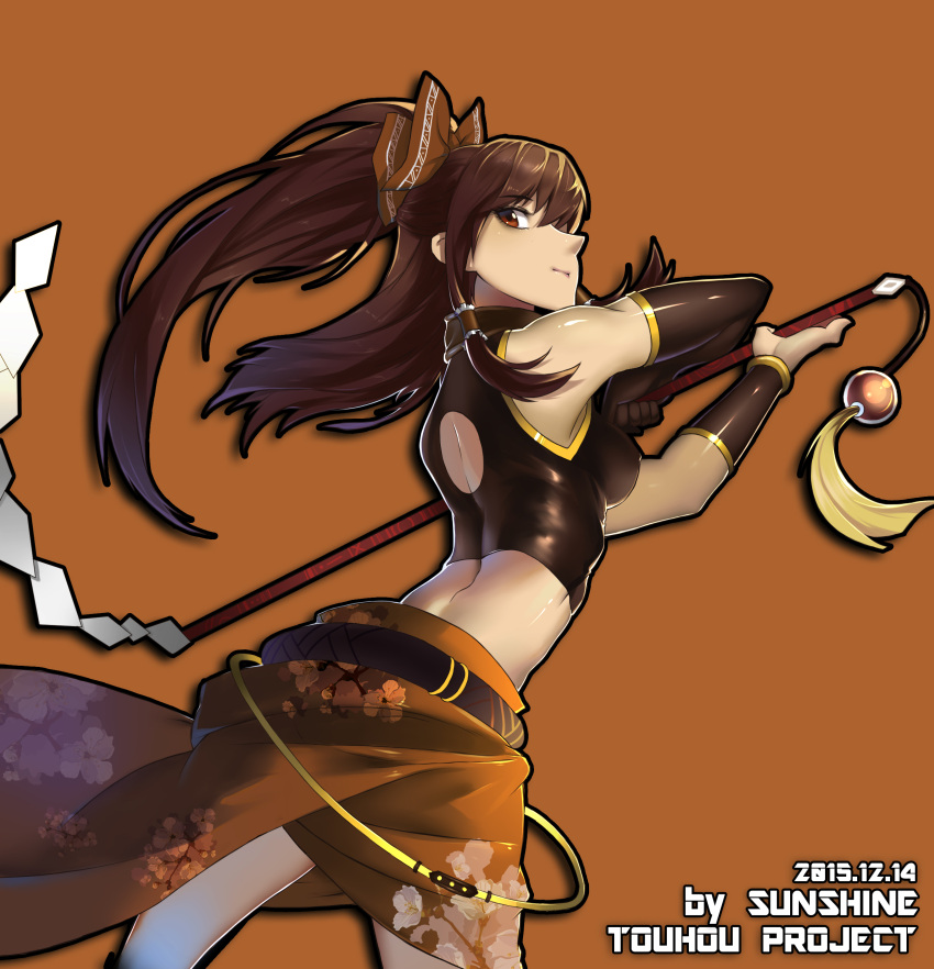 1girl 2015 absurdres alternate_costume alternate_hairstyle arched_back artist_name back ball belt black_gloves bow brown_hair closed_mouth copyright_name covered_nipples cowboy_shot dated floral_print gloves gohei hair_bow hair_tubes hakurei_reimu highres holding jewelry long_hair midriff orange_background ponytail red_eyes ring shide single_glove skirt sleeveless solo sunshine_(1638509769) tassel touhou vambraces