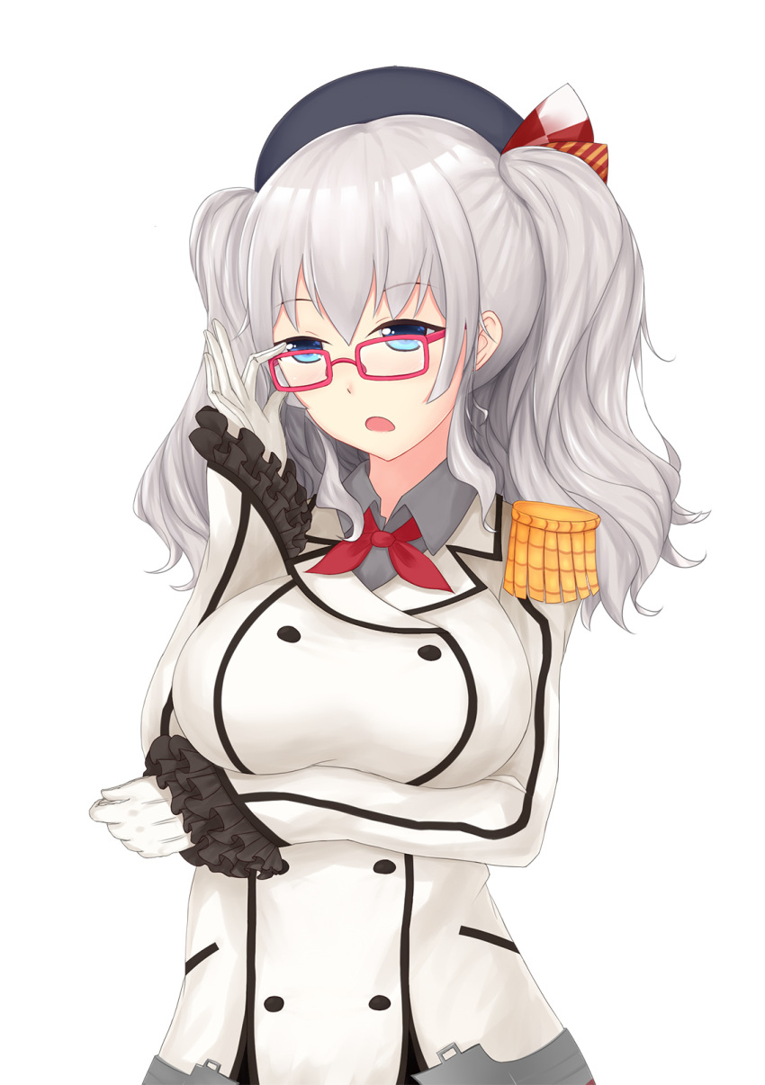 1girl adjusting_glasses blue_eyes breasts epaulettes glasses gloves highres kantai_collection kashima_(kantai_collection) large_breasts red-framed_glasses rumaki silver_hair solo twintails