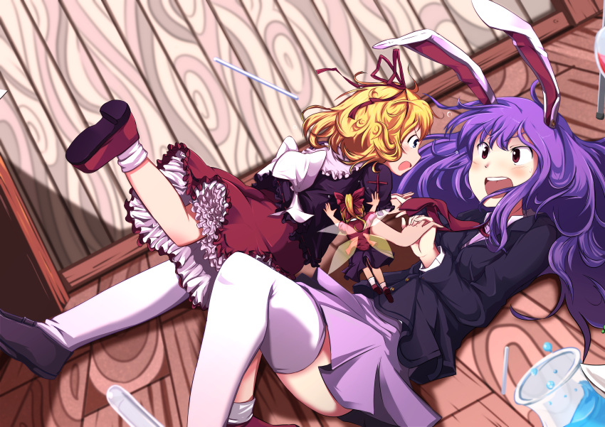 2girls absurdres animal_ears blazer blonde_hair blue_eyes commentary_request fairy_wings frilled_skirt frills highres holding_hands indoors interlocked_fingers kanisawa_yuuki long_hair looking_at_another medicine_melancholy miniskirt multiple_girls necktie open_mouth pink_skirt puffy_short_sleeves puffy_sleeves purple_hair rabbit_ears red_eyes reisen_udongein_inaba short_hair short_sleeves skirt skirt_set su-san thigh-highs touhou wavy_hair white_blouse white_legwear wings wooden_floor wooden_wall zettai_ryouiki