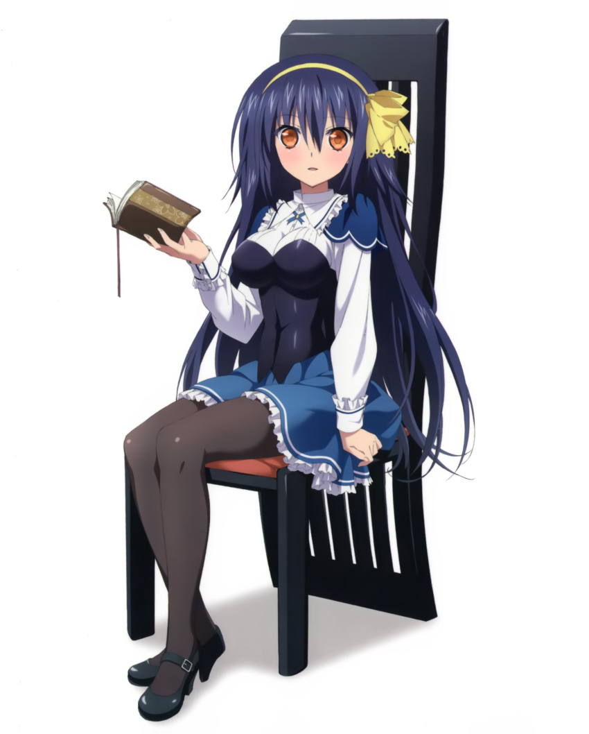 1girl absolute_duo absurdres black_legwear blue_hair blue_skirt book chair hair_ornament highres holding holding_book long_hair looking_at_viewer orange_eyes pantyhose simple_background sitting skirt solo tachibana_tomoe white_background