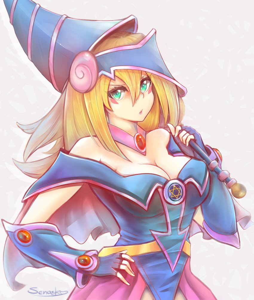&gt;:o 1girl :o bare_shoulders blonde_hair blue_gloves blush_stickers breasts capelet choker cleavage dark_magician_girl duel_monster gloves green_eyes hand_on_hip hat hexagram highres large_breasts long_hair looking_at_viewer off_shoulder senasky signature solo staff tsurime upper_body wizard_hat yuu-gi-ou yuu-gi-ou_duel_monsters