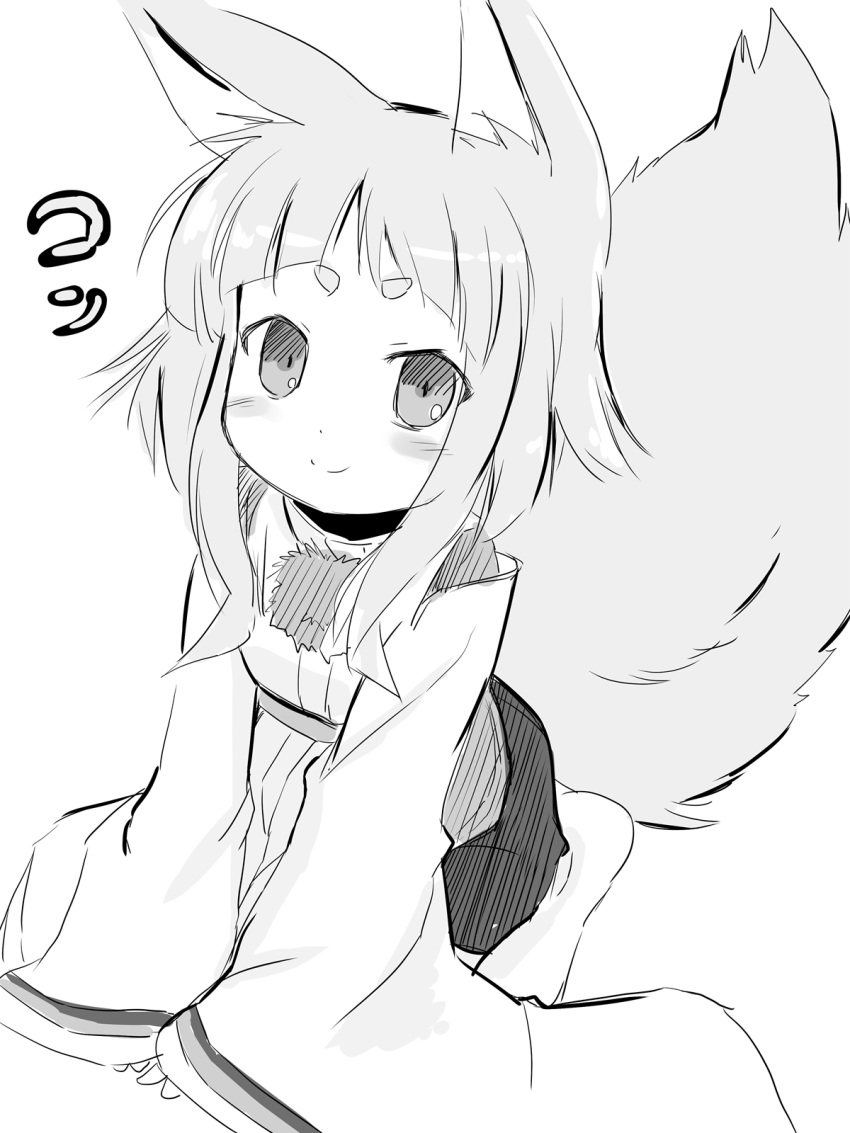 1girl animal_ears fox_ears highres kneeling kon_(tokyo_ravens) long_tail monochrome saezuru_usagi short_hair smile solo tail tokyo_ravens