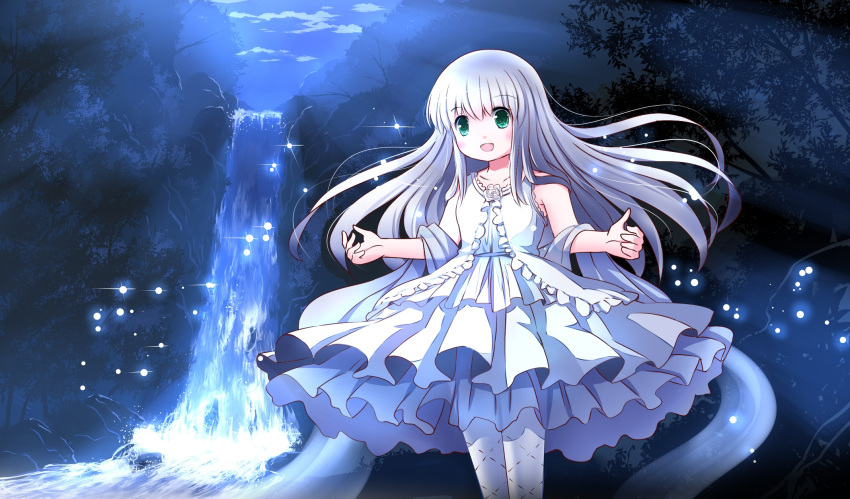 1girl dress forest green_eyes highres lolita_fashion long_hair nature night open_mouth original outstretched_arms pantyhose risutaru silver_hair sky smile solo very_long_hair water waterfall white_dress white_legwear