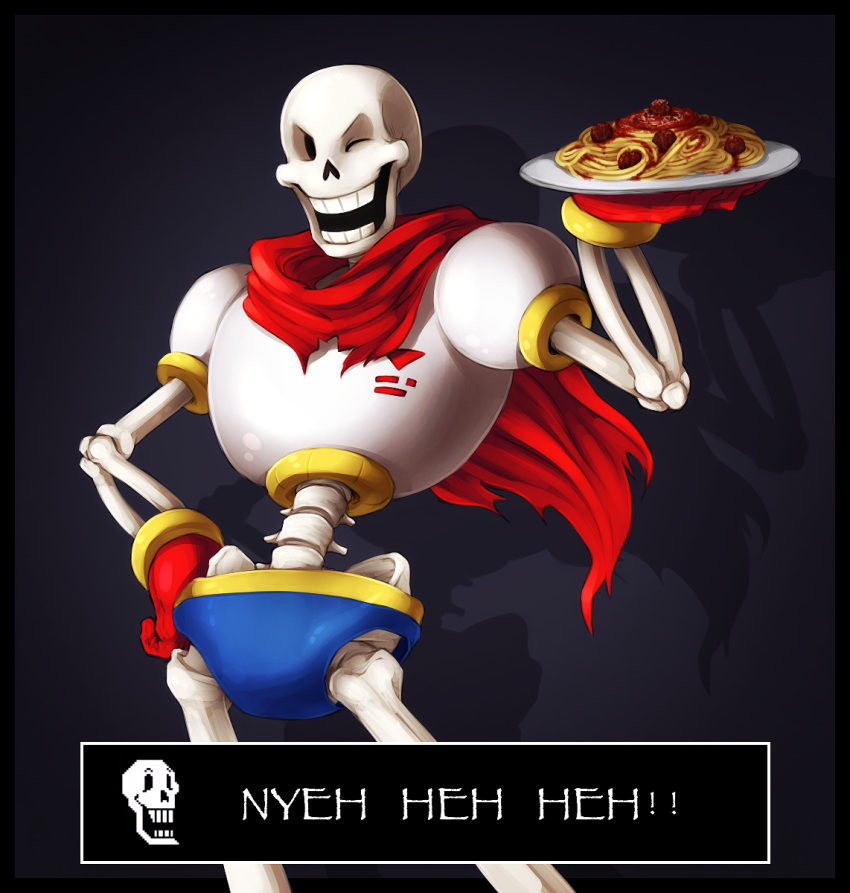 1boy armor gloves hand_on_hip highres holding_plate one_eye_closed papyrus_(font) papyrus_(undertale) rb_(sparkleee-sprinkle) scarf skeleton solo spaghetti_and_meatballs tagme undertale