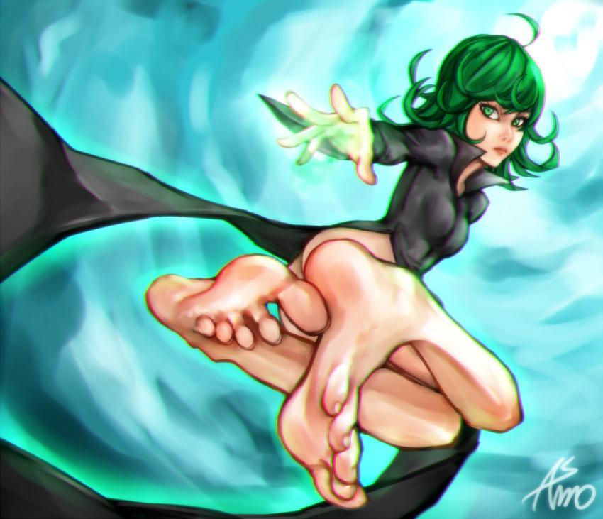 1girl ahoge asmo_deus barefoot black_dress curly_hair dress feet foreshortening glowing green_eyes green_hair legs lips onepunch_man short_hair soles solo tatsumaki toes