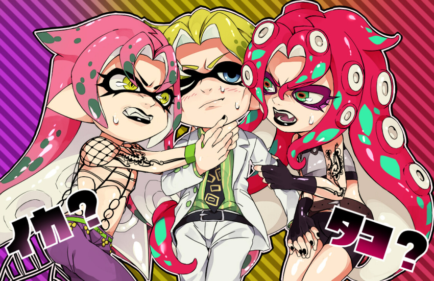 3boys black_lipstick blonde_hair blue_eyes clenched_teeth diavolo domino_mask dual_persona fangs fingerless_gloves fishnets formal gloves gradient gradient_background green_eyes hagikou_(l6lul6l) inkling jojo_no_kimyou_na_bouken kira_yoshikage lipstick makeup mask multicolored_eyes multiple_boys necktie open_mouth pink_hair pointy_ears shirt splatoon striped striped_background striped_shirt suit sweat tattoo tentacle_hair wristband yellow_eyes