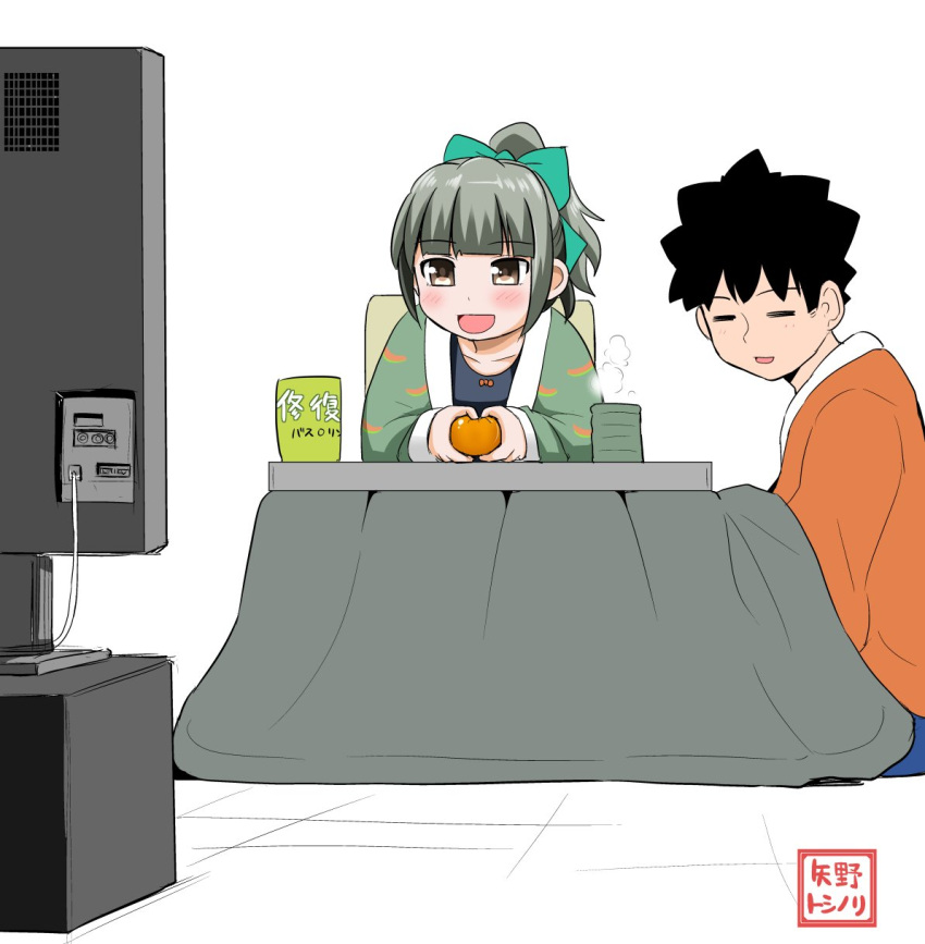 admiral_(kantai_collection) bangs black_hair bow closed_eyes coat commentary_request cup food fruit green_hair hair_bow highres kantai_collection kotatsu mandarin_orange ponytail sidelocks sitting_on_floor smile steam table teacup television translation_request yano_toshinori yellow_eyes yuubari_(kantai_collection)
