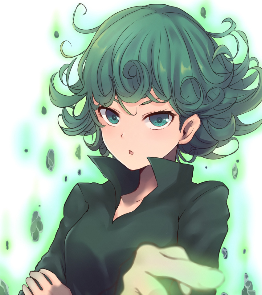 1girl :o absurdres black_shirt blurry blush collar crossed_arms curly_hair dyson_(edaokunnsaikouya) floating_rock green_background green_eyes green_hair highres levitation looking_at_viewer onepunch_man parted_lips shirt short_hair solo tatsumaki upper_body white_background