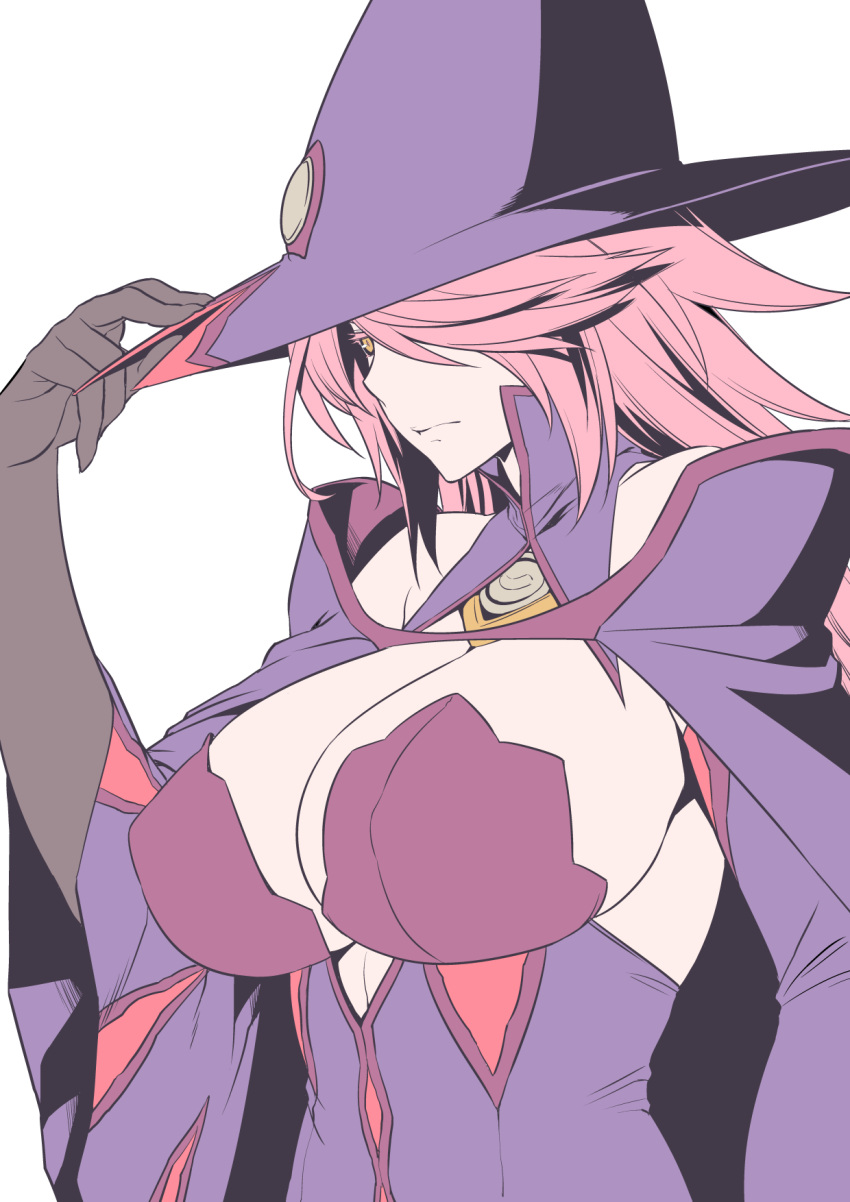 1girl blazblue breasts cleavage gloves hair_over_one_eye hat highres konoe_a_mercury large_breasts long_hair pink_hair simple_background solo unpokotan white_background witch_hat yellow_eyes