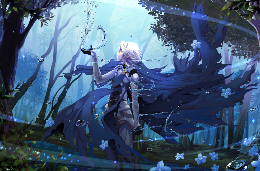 1boy albino armor blue_flower cape fire_emblem fire_emblem_if forest from_side gloves hairband kero_sweet magic male_focus my_unit_(fire_emblem_if) nature outdoors pointy_ears raised_hand red_eyes solo standing tree visible_air water water_drop white_hair wind