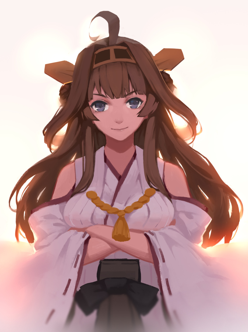 1girl absurdres ahoge bare_shoulders brown_hair crossed_arms detached_sleeves grey_eyes headgear highres japanese_clothes kantai_collection kongou_(kantai_collection) long_hair long_sleeves looking_at_viewer sash smile sola7764 solo very_long_hair wide_sleeves