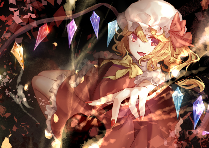1girl blonde_hair elise_(piclic) fingernails flandre_scarlet hat highres looking_at_viewer open_mouth red_eyes short_hair side_ponytail smile solo touhou wings