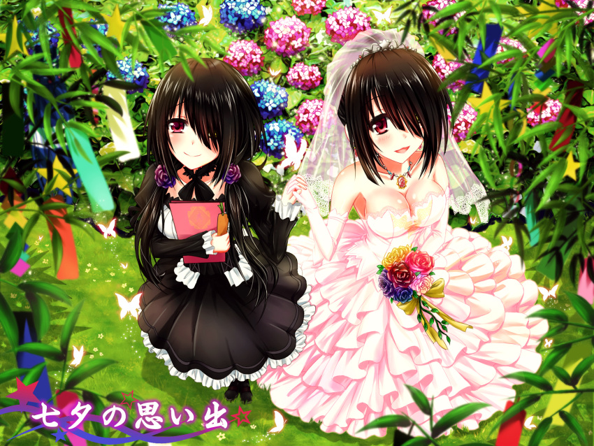2girls black_hair blue_rose book breasts cleavage date_a_live dress dual_persona flower from_above gothic_lolita hair_ornament hair_over_one_eye heterochromia highres holding holding_book holding_flower holding_hands hydrangea interlocked_fingers jewelry lolita_fashion long_hair looking_at_viewer multiple_girls necklace pink_dress red_eyes red_rose rose smile strapless_dress tanabata tanzaku tokisaki_kurumi tsubasaki wedding_dress yellow_rose