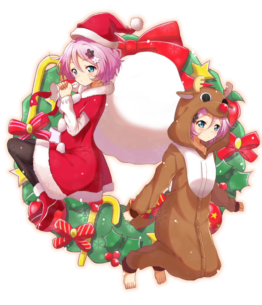 2girls animal_costume antlers barefoot black_legwear blue_eyes blush boots bow cane carrying_over_shoulder christmas christmas_ornaments dress flower full_body fur_trim hair_between_eyes hair_flower hair_ornament hat highres holding hood jewelry karakuri_futaba karakuri_hitoha long_sleeves looking_at_viewer multiple_girls pantyhose pink_hair pom_pom_(clothes) red_boots red_bow red_dress red_hat red_ribbon reindeer_costume ribbon sack santa_costume santa_hat shiime short_hair short_over_long_sleeves siblings simple_background sisters star striped striped_bow tokyo_7th_sisters twins white_background
