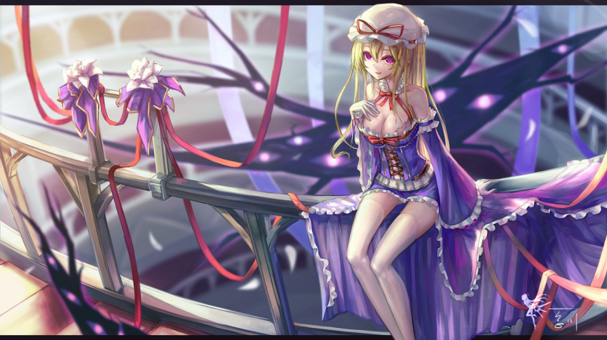 1girl bangs bare_shoulders blonde_hair bow breast_suppress breasts cleavage corset cross-laced_clothes detached_collar detached_sleeves eyes flower frills gap hair_between_eyes hat letterboxed long_hair long_skirt mob_cap petals purple_skirt railing red_bow red_ribbon ribbon signature sitting skirt skirt_set solo thigh-highs touhou violet_eyes wangchuan_de_quanyan white_background white_legwear yakumo_yukari