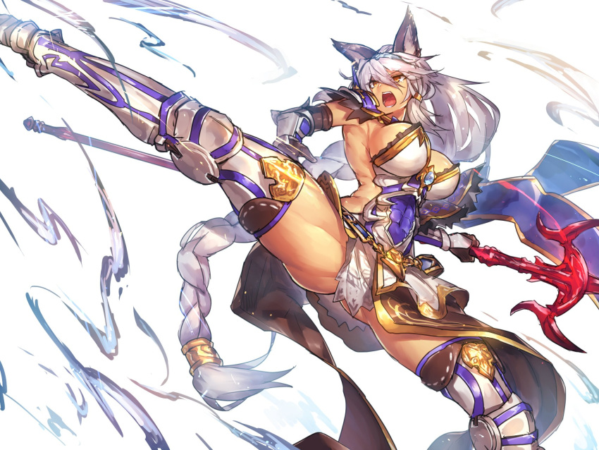 1girl abs animal_ears armored_boots boots braid breasts brown_eyes covered_navel gauntlets granblue_fantasy heles highres holding_weapon kicking long_hair open_mouth polearm sideboob silver_hair solo teeth temmasa22 thigh-highs thigh_boots very_long_hair weapon wolf_ears
