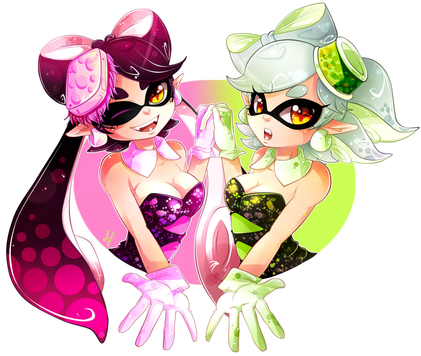 +_+ +_- 2girls absurdres aori_(splatoon) bare_shoulders black_hair breasts cleavage detached_collar domino_mask earrings fangs food food_on_head gloves highres holding_hands hotaru_(splatoon) invidiata jewelry long_hair looking_at_viewer mask mole mole_under_eye multiple_girls object_on_head open_mouth pointy_ears short_hair silver_hair simple_background smile splatoon symbol-shaped_pupils tentacle_hair tentacles transparent_background white_gloves yellow_eyes