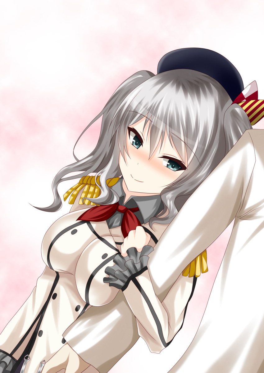 1boy 1girl admiral_(kantai_collection) arm_grab ayasato_karen beret black_shirt blue_eyes blush bow breast_squeeze breasts buttons collared_shirt dutch_angle epaulettes frilled_sleeves frills gradient gradient_background hair_between_eyes hat hat_bow highres kantai_collection kashima_(kantai_collection) long_sleeves military military_uniform pink_background red_ribbon ribbon shirt short_hair silver_hair smile solo_focus uniform upper_body