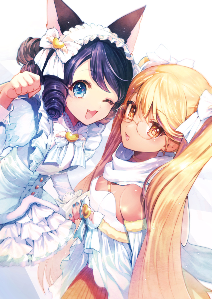 2girls ;d animal_ears black_hair blonde_hair blue_eyes blush bow cat_ears curly_hair cyan_(show_by_rock!!) dog_tail dress fang glasses hair_bow hair_ribbon highres long_hair looking_at_viewer momoshiki_tsubaki multiple_girls one_eye_closed open_mouth paw_pose retoree ribbon show_by_rock!! smile tail twintails very_long_hair yellow_eyes