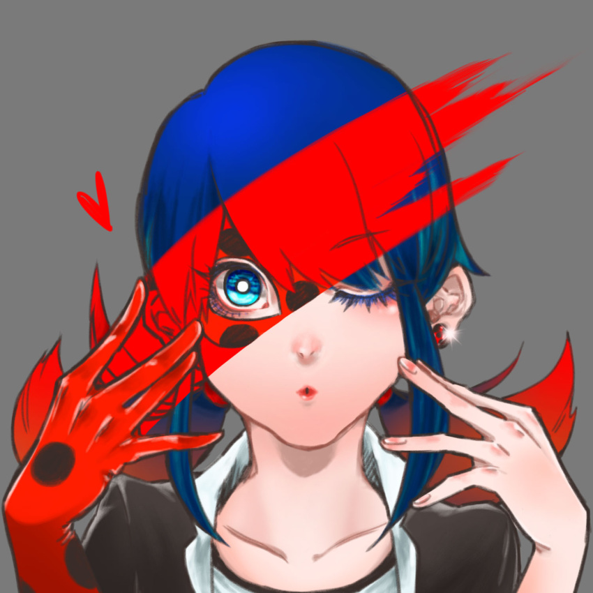 1girl blue_eyes blue_hair ear_studs earrings eyelashes face grey_background highres jewelry joker_(joker_sin) ladybug_(character) lips looking_at_viewer marinette_cheng miraculous_ladybug one_eye_closed polka_dot puckered_lips revealing_cutout school_uniform single_glove solo