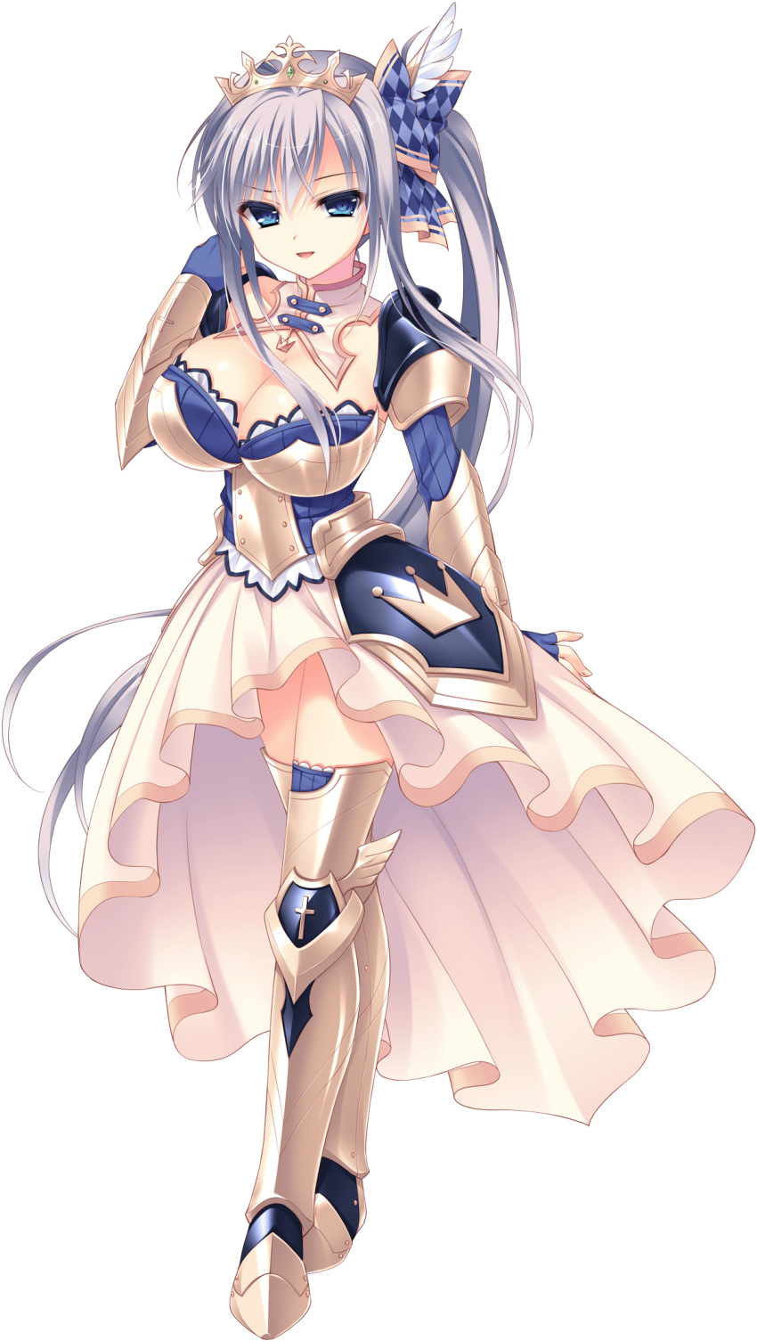 1girl armor blue_eyes breasts bridal_gauntlets cecilia_highland cleavage crown dress hair_ornament highres jewelry large_breasts long_hair looking_at_viewer love_love_princess open_mouth shoulder_pads silver_hair simple_background smile solo white_background wori