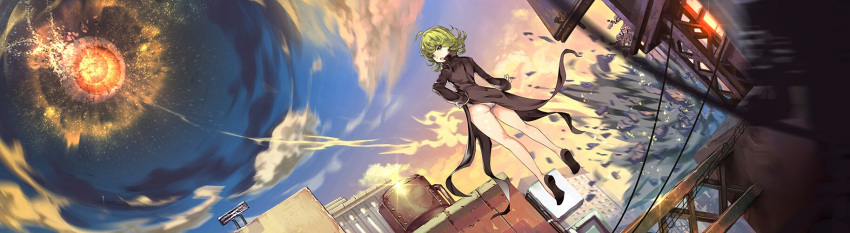 1girl ahoge arm_at_side ass back bangs black_dress black_shoes building clouds dress explosion fire flats flipped_hair flying_sweatdrops from_below green_eyes green_hair hand_on_hip highres khanshin legs_apart lens_flare long_sleeves looking_at_viewer looking_back onepunch_man outdoors panties pantyshot power_lines shoes short_hair sky solo tatsumaki underwear white_panties