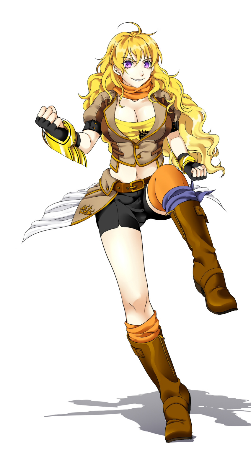 1girl absurdres ahoge black_gloves black_shorts blonde_hair boots breasts brown_boots cleavage fingerless_gloves gloves grin highres long_hair midriff navel orange_legwear pai_(1026508292) rwby shadow shorts simple_background smile solo standing_on_one_leg very_long_hair white_background yang_xiao_long