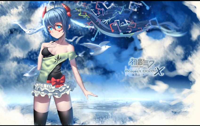 1girl bird black_legwear blue_eyes blue_hair breasts clouds cloudy_sky facial_mark fake_horns hand_on_own_chest hatsune_miku highres hk_(hk) layered_clothing long_hair looking_at_viewer musical_note off_shoulder oni_horns project_diva_x seagull shirt skirt sky solo thigh-highs thighs twintails very_long_hair vocaloid zettai_ryouiki