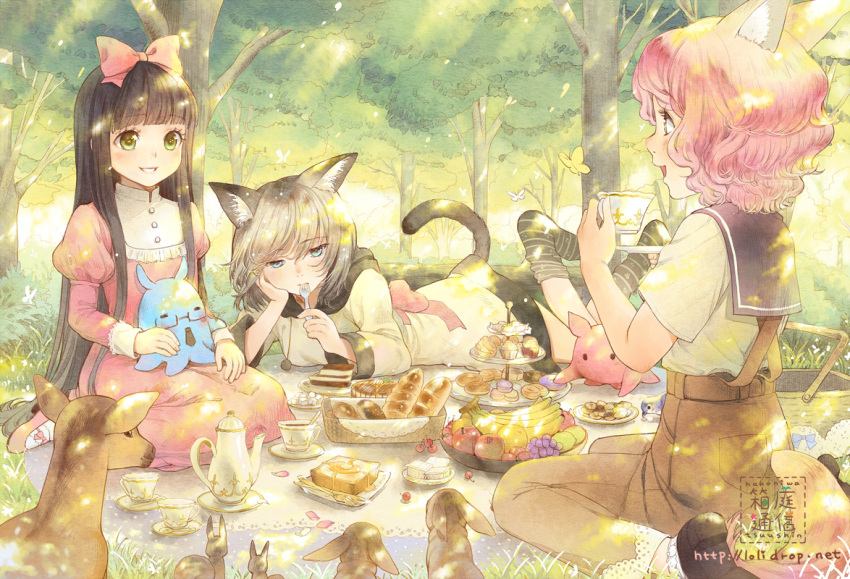 3girls animal_ears apple banana basket black_hair blue_eyes bow brown_eyes brown_hair cat_ears cat_tail cup deer dog_ears dog_tail dress food forest fork fruit grapes green_eyes hair_bow long_hair lying mary_janes mouth_hold multiple_girls nature no_shoes on_stomach original picnic pink_hair rabbit sailor_collar shoes short_hair sitting skirt smile socks squirrel striped striped_legwear suspenders tagme tail teacup teapot tree wavy_hair xiangtu