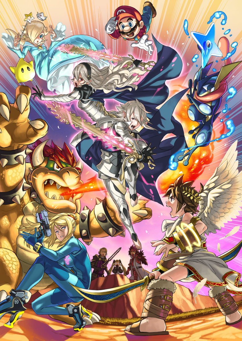 4girls 6+boys absurdres aqua_dress armor barefoot blonde_hair blue_eyes boots bow_(weapon) bowser bracelet brown_shoes cape chiko_(mario) claws crown dress earrings elise_(fire_emblem_if) facial_hair fire fire_emblem fire_emblem_if full_body gauntlets gloves glowing glowing_sword glowing_weapon grass greninja gun hair_over_one_eye hairband hat highres hill holding_sword holding_weapon horns jewelry kid_icarus kid_icarus_uprising kneeling kozaki_yuusuke long_hair mario super_mario_bros. marx_(fire_emblem_if) metroid multiple_boys multiple_girls muscle mustache my_unit_(fire_emblem_if) pit_(kid_icarus) pointy_ears pokemon pokemon_(game) pokemon_xy ponytail red_eyes rosetta_(mario) ryouma_(fire_emblem_if) samus_aran sandals shoes short_hair shuriken silver_hair spiked_bracelet spikes standing star star_earrings stun_gun super_mario super_mario_bros. super_mario_galaxy super_smash_bros. sweatdrop sword thigh-highs thigh_boots tongue tongue_out twintails very_long_hair wand water weapon white_gloves wrist_cuffs zero_suit