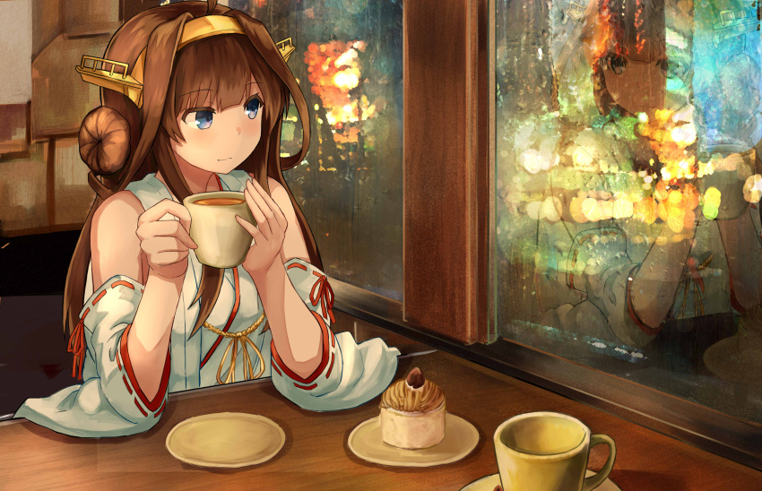 1girl ahoge bare_shoulders blue_eyes brown_hair cake dessert detached_sleeves double_bun food fruit hair_ornament hairband headgear highres japanese_clothes kantai_collection kongou_(kantai_collection) long_hair long_sleeves looking_to_the_side mont_blanc_(food) night nontraditional_miko okitsugu plate reflection remodel_(kantai_collection) restaurant solo strawberry window