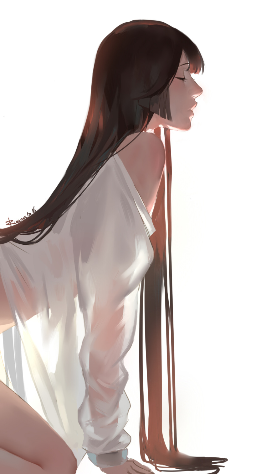 1girl all_fours bare_shoulders black_hair closed_eyes highres kamachi_kamachi-ko long_hair naked_shirt off_shoulder original out-of-frame_censoring see-through shirt solo very_long_hair