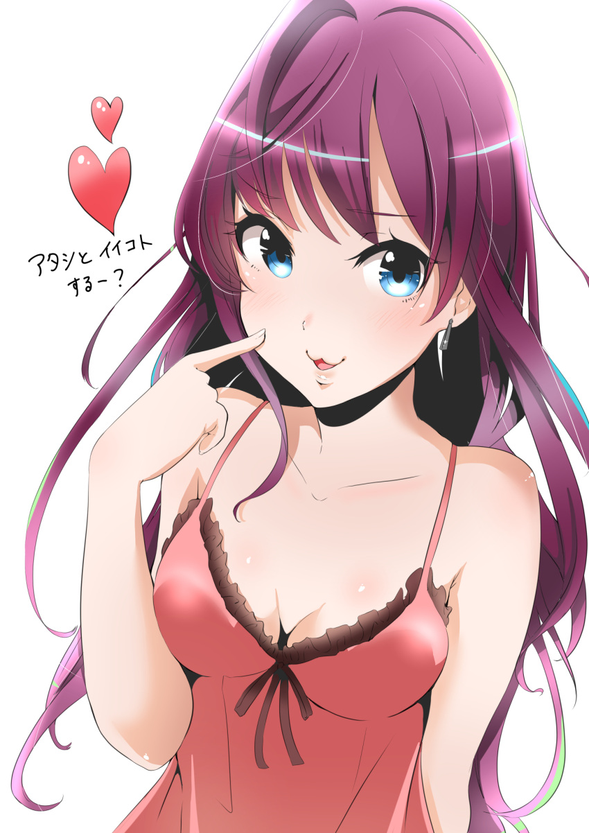 1girl :3 bare_shoulders blue_eyes blush breasts camisole chromatic_aberration cleavage earrings frills heart highres ichinose_shiki idolmaster idolmaster_cinderella_girls jewelry long_hair looking_at_viewer murabito_c pointing pointing_at_self purple_hair solo spaghetti_strap