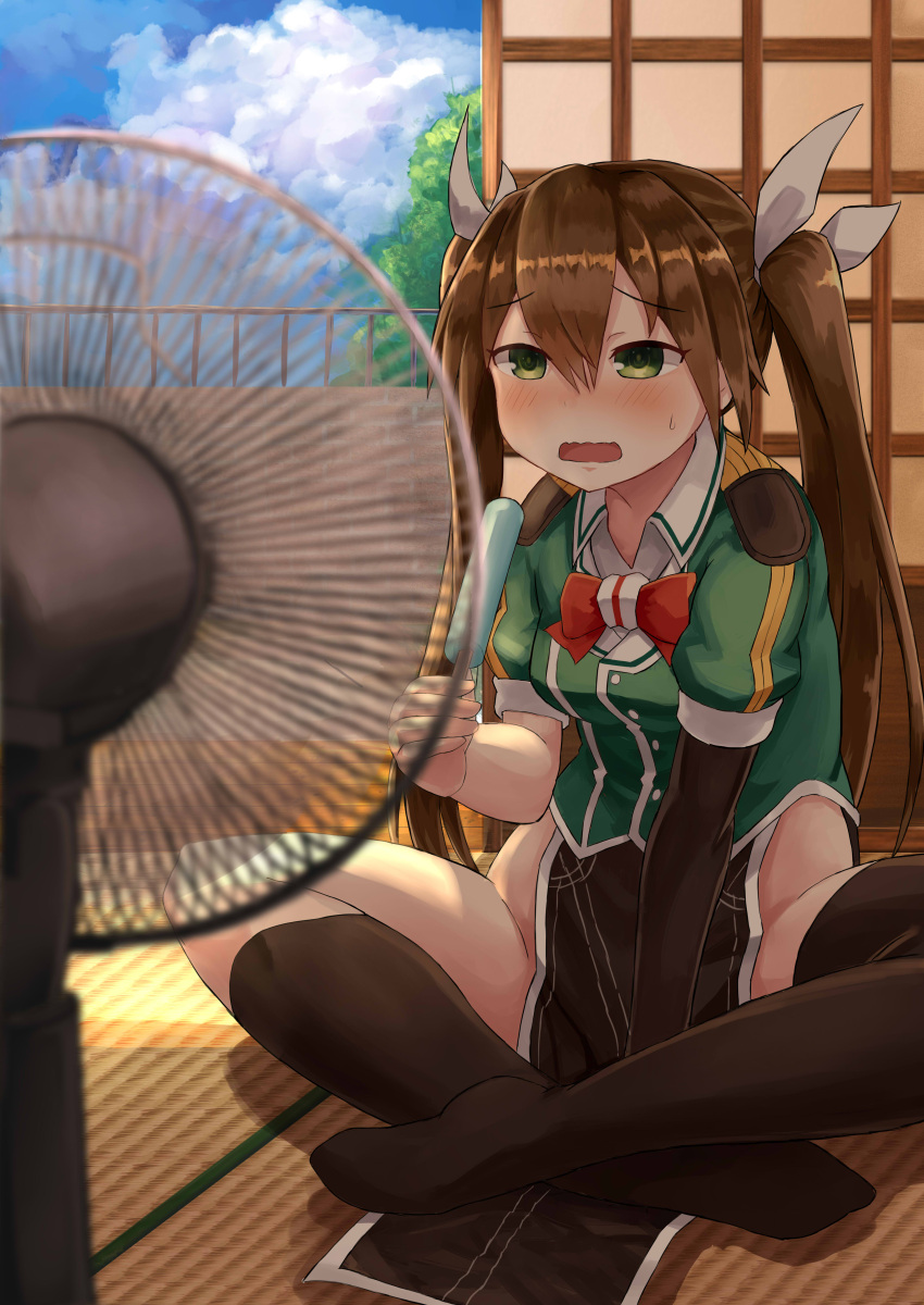 1girl absurdres asymmetrical_legwear between_legs black_gloves black_legwear blush breasts brown_hair buttons clouds dress electric_fan fan food gloves green_eyes hair_between_eyes hair_ribbon hand_between_legs highres holding_food ice_cream indian_style jacket kantai_collection kneehighs long_hair no_panties okitsugu on_floor open_mouth pelvic_curtain popsicle puffy_short_sleeves puffy_sleeves remodel_(kantai_collection) ribbon short_dress short_sleeves side_slit single_elbow_glove single_kneehigh single_thighhigh sitting sky solo summer sweatdrop tatami thigh-highs tone_(kantai_collection) tree twintails wall wavy_mouth