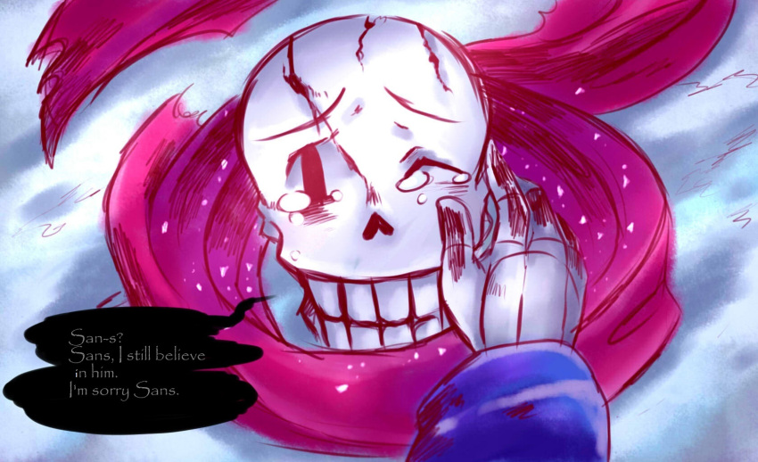 2boys decapitated disintegration dying english hand_on_another's_head highres mideater multiple_boys one_eye_closed papyrus_(font) papyrus_(undertale) sans scarf skeleton spoilers tagme tears undertale