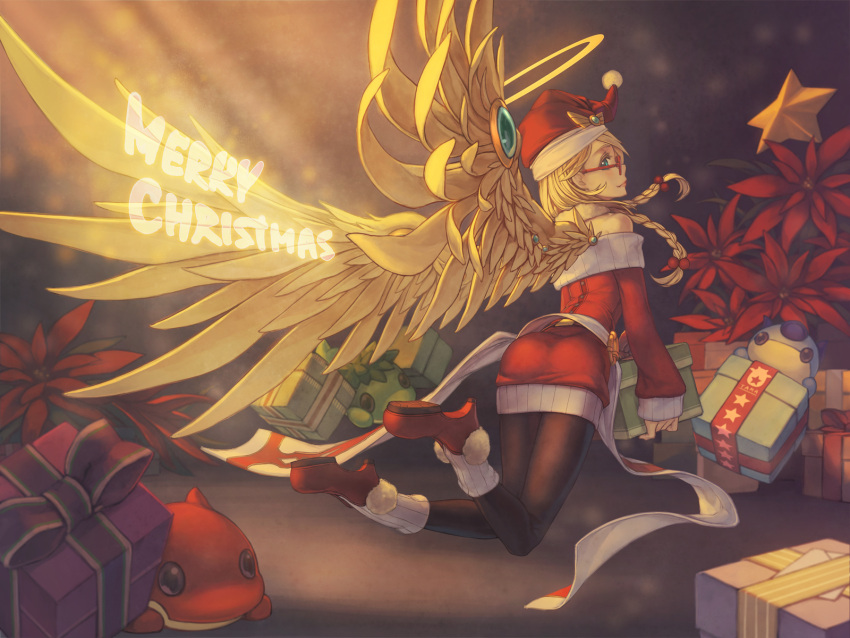 1girl angel angel_wings animal archangel_(p&amp;d) back bare_shoulders black_legwear blonde_hair blue_eyes bow box braid character_request christmas christmas_tree feathered_wings flower flying fur_trim gift gift_box glasses hair_bobbles hair_ornament halo hat high_heels highres holding_gift jewelry leg_warmers long_hair long_sleeves looking_at_viewer merry_christmas pantyhose poinsettia pom_pom_(clothes) puzzle_&amp;_dragons red-framed_glasses red_shoes red_skirt ring rotix santa_costume santa_hat shoes skirt solo star twin_braids wings yellow_wings