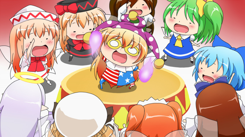 6+girls :d american_flag_shirt blonde_hair blue_hair brown_hair cirno clownpiece daiyousei drill_hair dual_persona green_hair halo hat himouto!_umaru-chan jester_cap lily_black lily_white long_hair luna_child multiple_girls open_mouth short_hair side_ponytail silver_hair smile star_sapphire sunny_milk ten'yoku touhou trait_connection twintails wings zombie_fairy