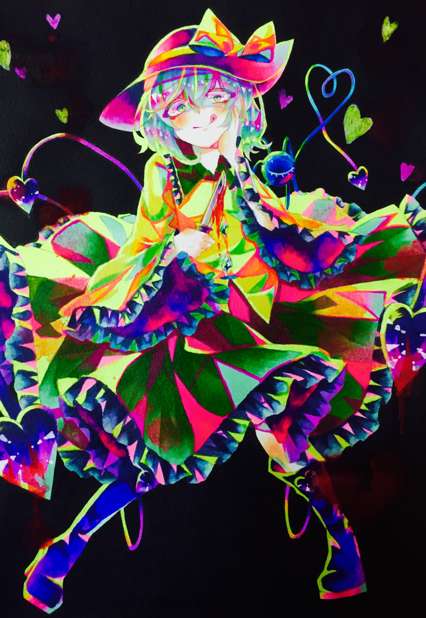 1girl absurdres acid_trip aura black_background black_boots bloody_knife blouse boots bow colorful commentary_request constricted_pupils crazy diamond_(shape) frilled_collar frilled_skirt frilled_sleeves frills full_body green_eyes green_skirt hair_between_eyes hat hat_bow heart heart_of_string high_heel_boots high_heels highres holding_knife knee_boots komeiji_koishi long_sleeves looking_at_viewer shinonome_myoke shiny shiny_hair shirt simple_background skirt solo tongue tongue_out touhou traditional_media wide_sleeves yellow_shirt